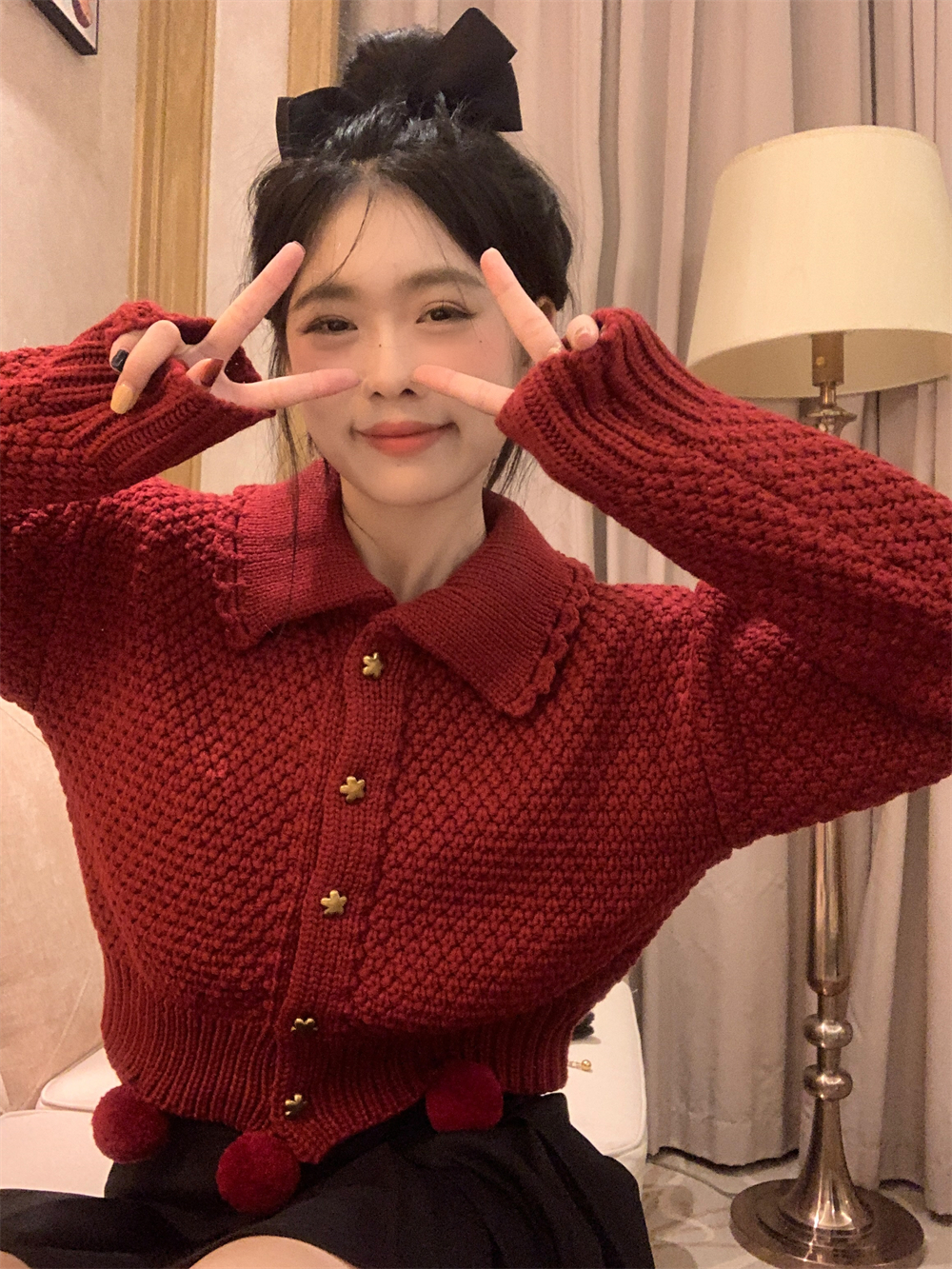 實拍山楂莓莓復古紅色手工毛球厚實針織開衫外套女短款毛衣