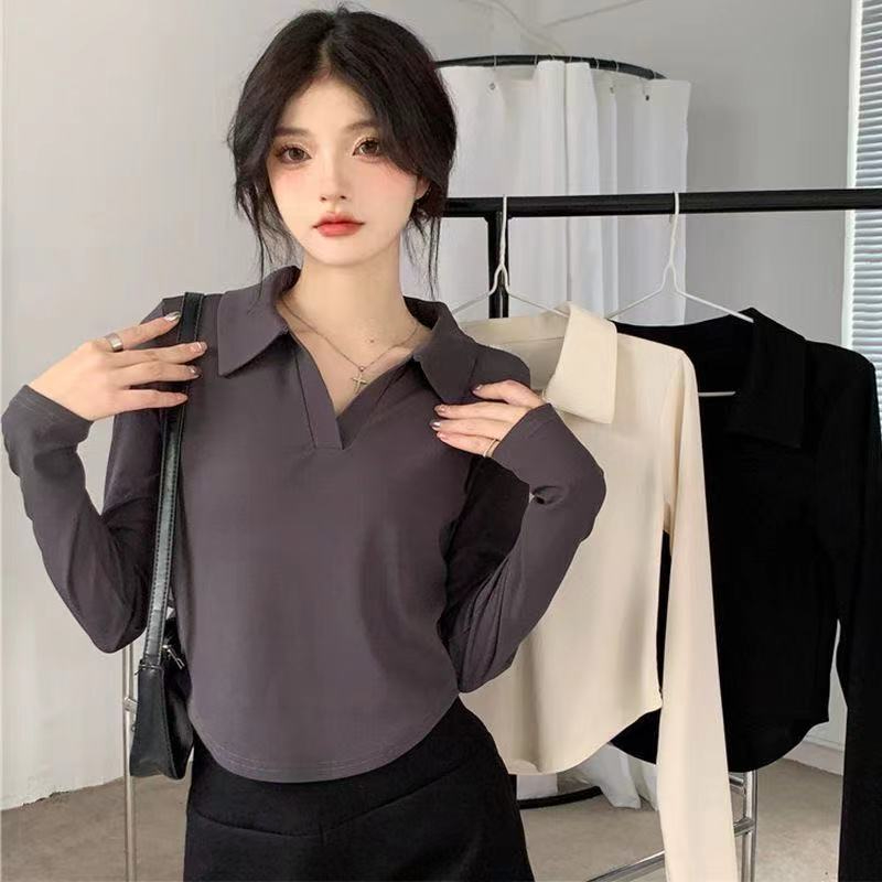 大碼女裝polo領長袖t恤打底衫女遮肉顯瘦百搭正肩初秋季上衣2157