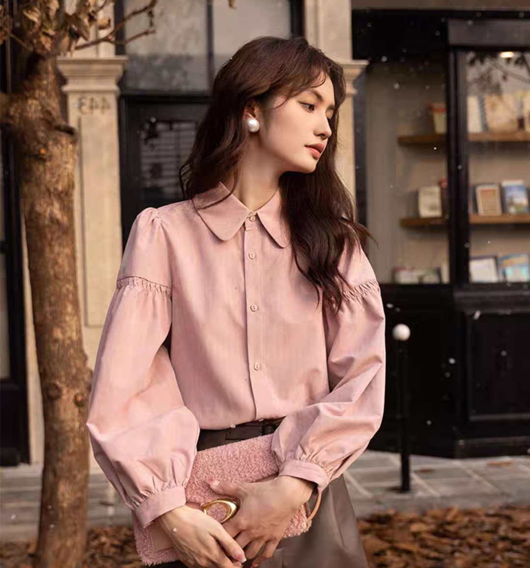 French pink brushed thickened shirt for women in spring and autumn, loose-fitting doll collar base shirt, versatile layering top