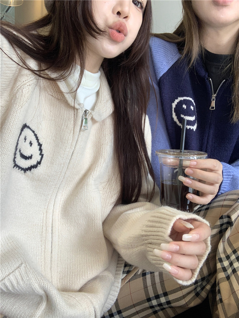 實拍笑臉韓代chic 自製博主同款撞色拉鏈開衫