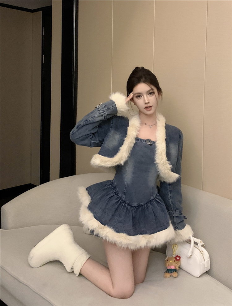 實拍！秋冬季復古毛領牛仔外套蓬蓬連衣裙加厚羊羔毛套裝女