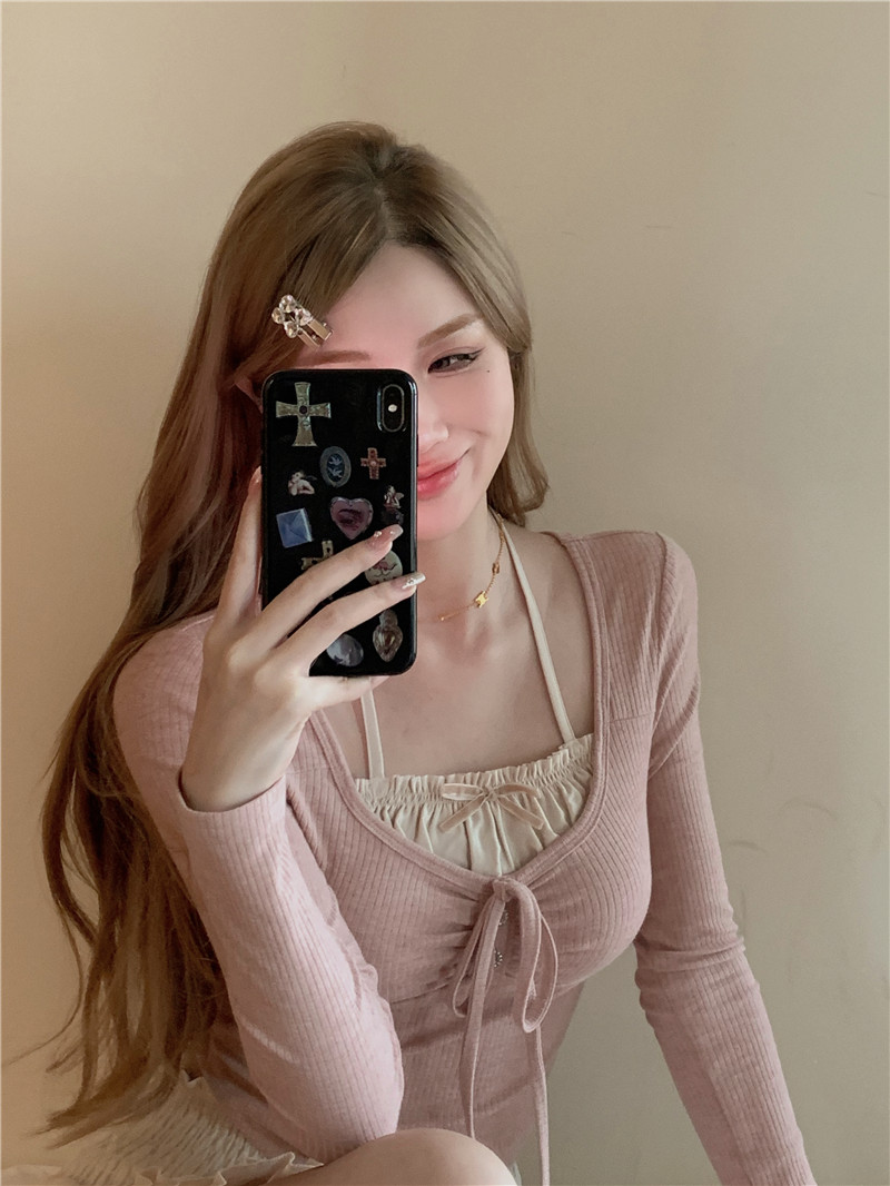 純欲假兩件甜辣妹長袖T恤女秋裝芭蕾風薄款緊身修身防曬短款上衣