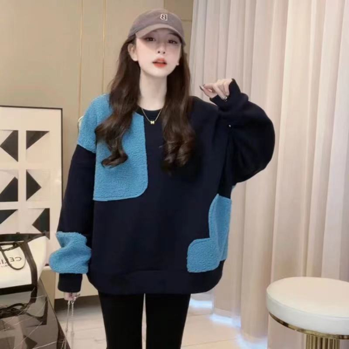韓版冬季加絨加厚百搭新款寬鬆設計感撞色拼接套頭衛衣女