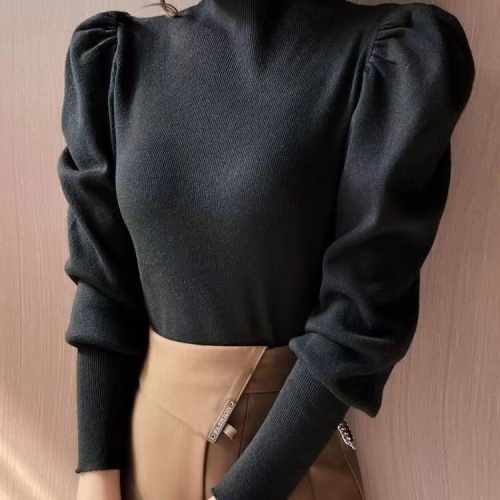 半高领泡泡袖收腰打底针织衫女秋冬季新款黑色毛衣设计感上衣