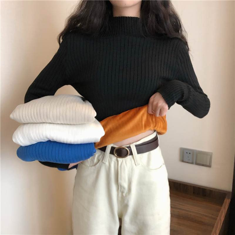 加絨打底衫女秋冬2023新款半高領針織衫修身內搭保暖上衣加厚毛衣
