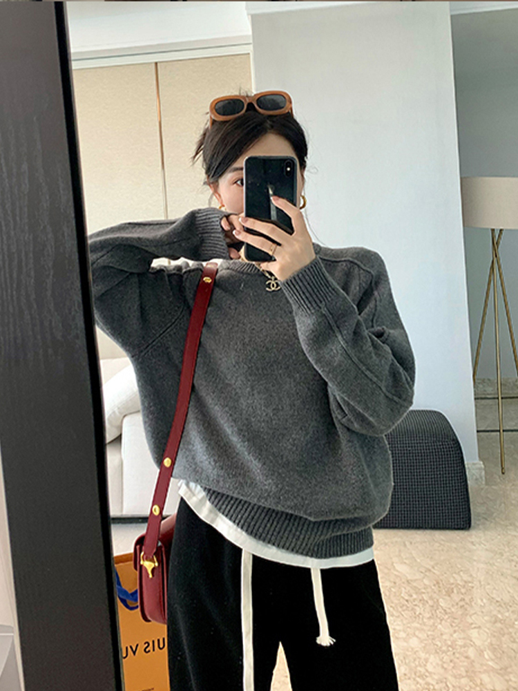 時尚氣質紅色圓領長袖針織衫女秋冬季寬鬆顯瘦通勤百搭套頭上衣女