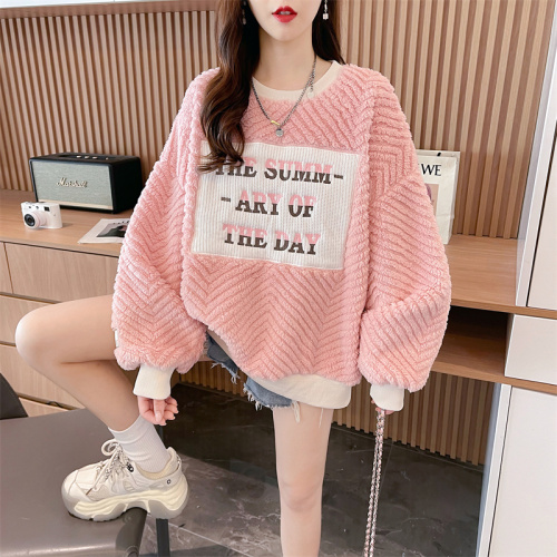 First real shot of double-sided velvet color-blocked plus velvet sweatshirt for women with stylish letters and trendy tops and jackets