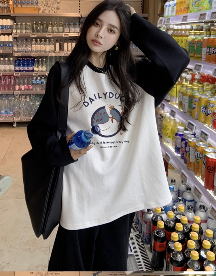 春秋季新款純棉長袖t恤女設計感小眾上衣撞色寬鬆減齡打底衫