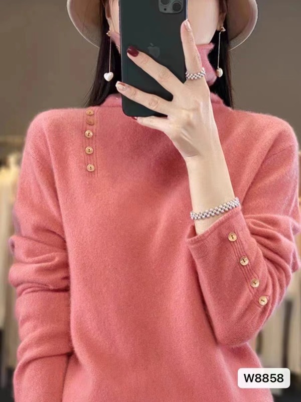 秋冬新款韓版優雅氣質堆堆領紐扣軟糯寬鬆長袖上衣女
