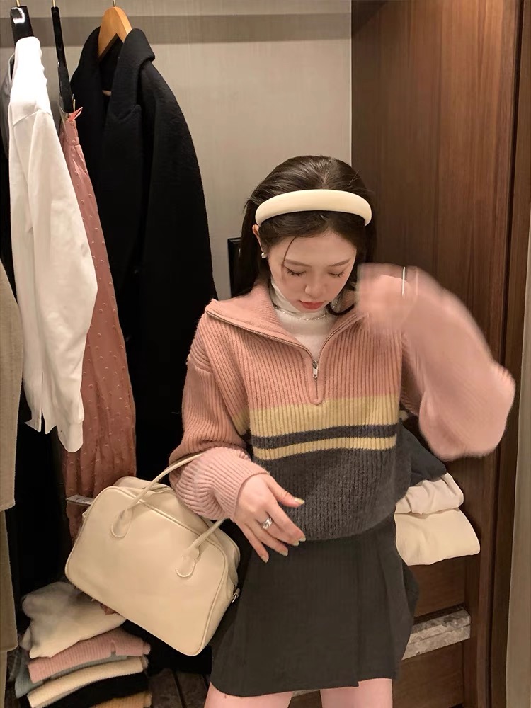 TMH STUDIO 奶油陷阱/溫柔感寬鬆毛衣女秋冬半拉鏈針織衫上衣內搭