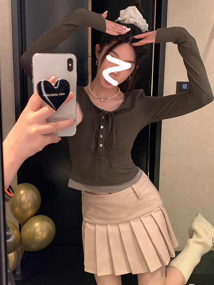 Sweet hot girl long-sleeved T-shirt women's autumn and winter new style shoulder inner bottoming shirt slim short fake two-piece top