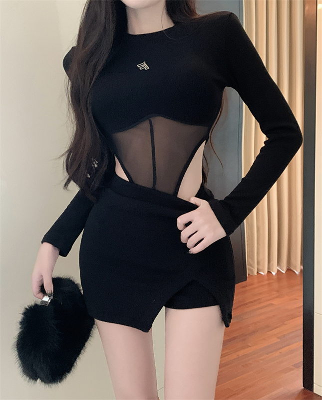 實拍 鏤空設計感網紗連體上衣女+開叉不規則修身氣質半身裙女