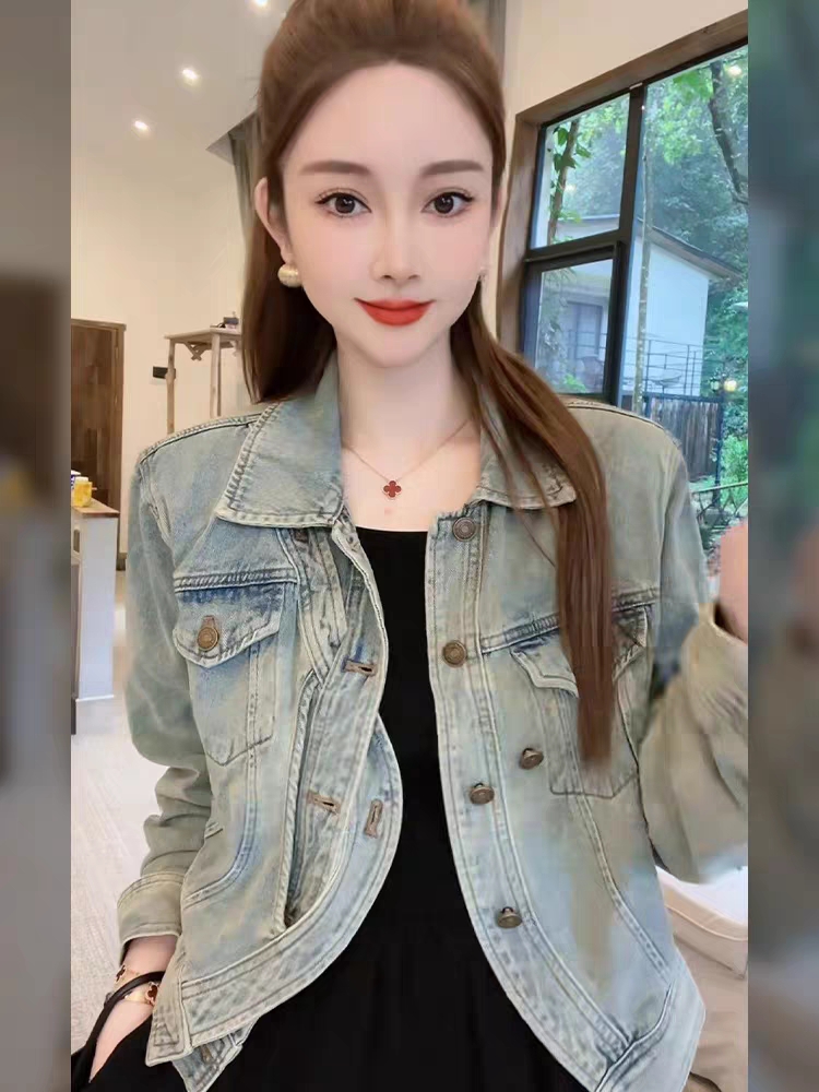 歐貨洋氣牛仔外套女春秋美式復古做舊高級感休閒百搭短款夾克上衣