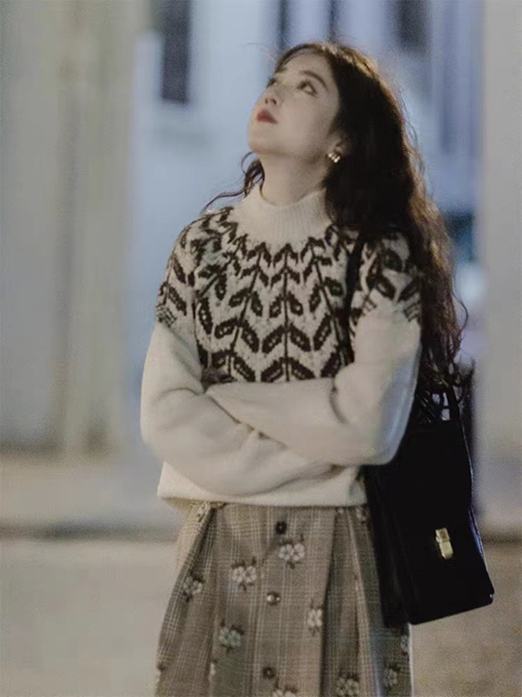 法式復古費爾島毛衣女秋冬森系設計感小眾慵懶風半高領打底衫上衣