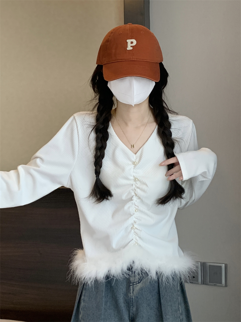 實拍 秋冬設計感褶皺長袖t恤女洋氣百搭顯瘦上衣打底衫