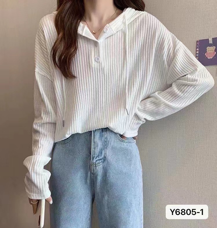 秋冬新款韓版簡約休閒連帽純色坑條顯瘦寬鬆長袖上衣女
