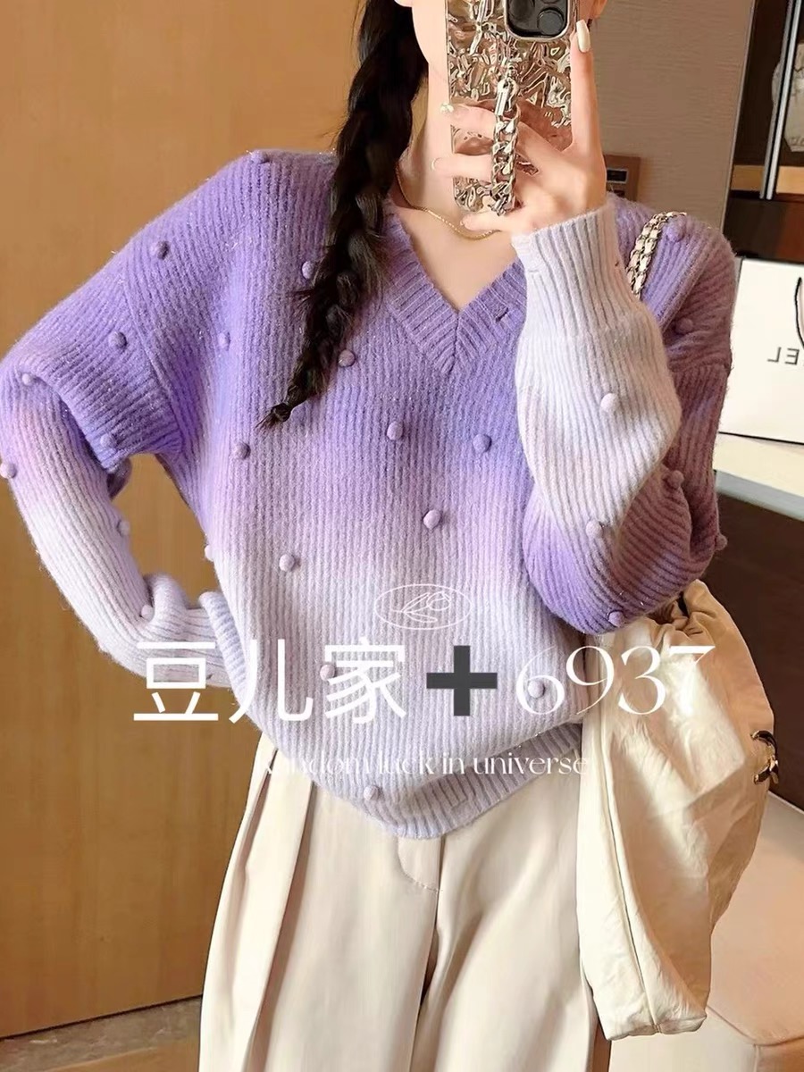 毛衣女款2023新款冬季秋冬外穿高顏值漸變色毛毛球V領上衣外套潮