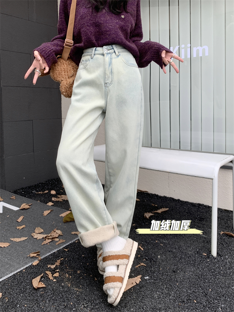 實拍 ~復古口袋繡花加絨加厚牛仔褲女高腰顯瘦直筒闊腿長褲