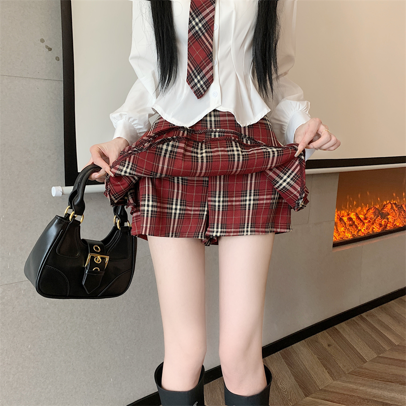 實拍~復古格紋短裙女韓版設計感氣質A字顯瘦藝術穿搭半身裙子