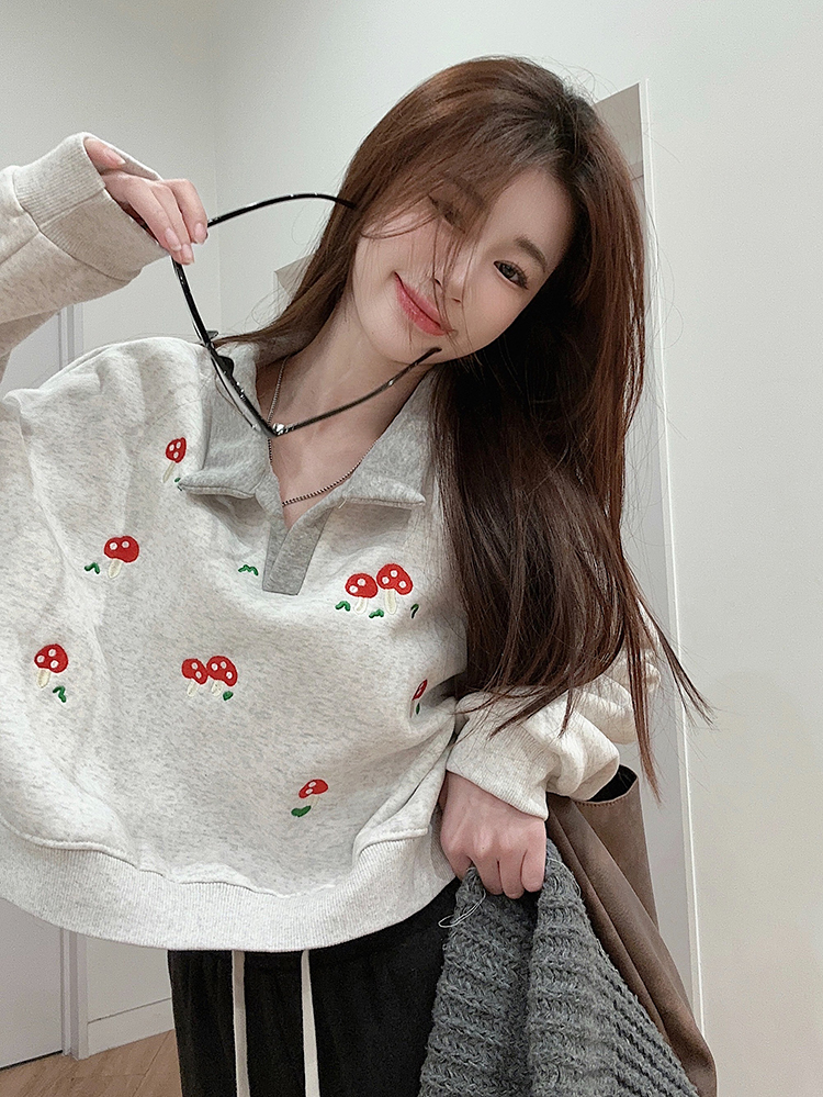 本店原創~實拍~polo領刺繡加絨加厚衛衣女潮