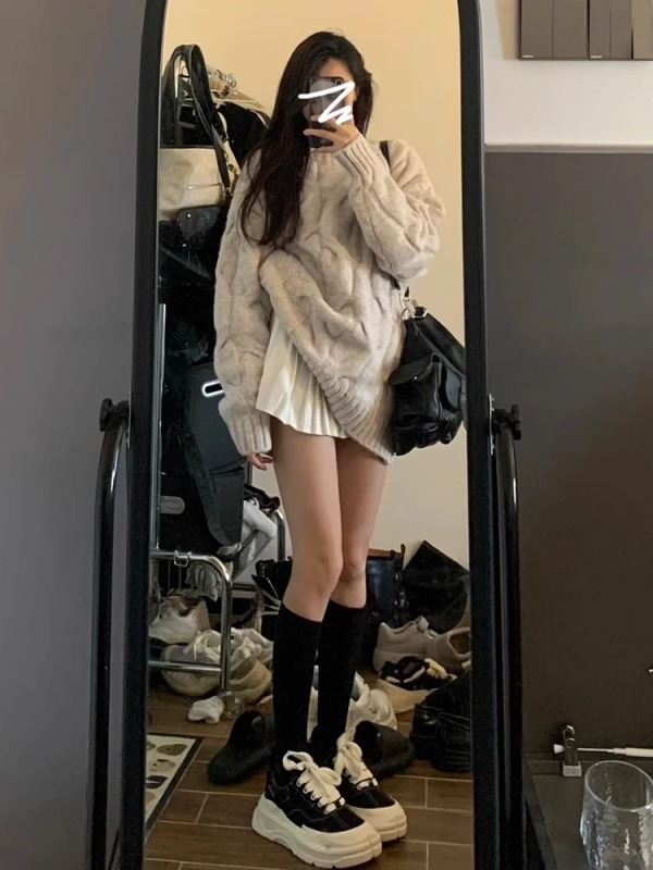 奶fufu慵懶風麻花毛衣女秋冬2023新款寬鬆加厚軟糯針織衫套頭上衣