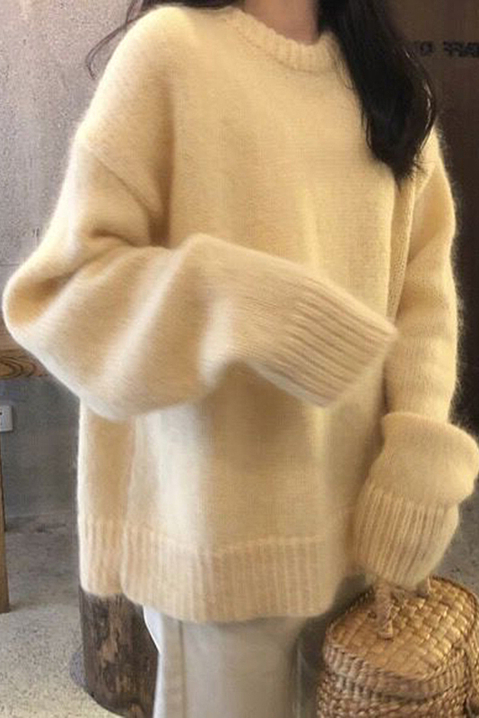 很仙的粉色馬海毛套頭毛衣女寬鬆慵懶風圓領軟妹甜美秋冬外穿加厚