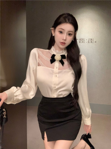 Real shot of autumn and winter chic lace fungus corsage long-sleeved shirt light luxury lady style loose top women's clothing
