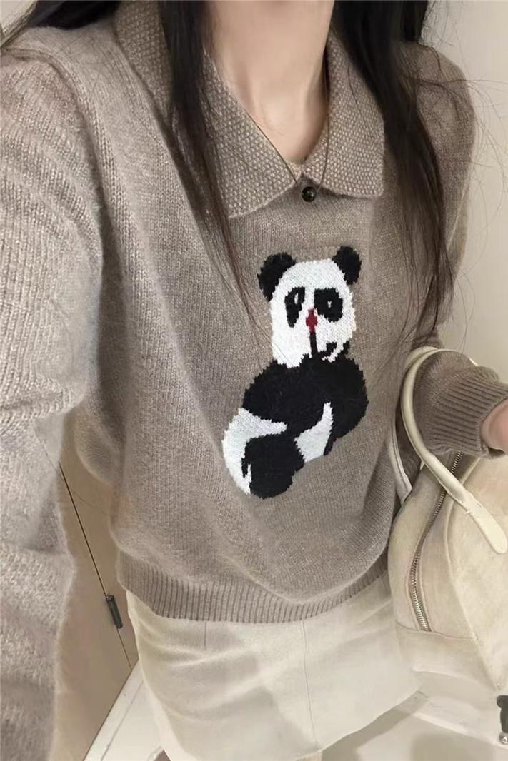 韓系復古小翻領熊貓短款毛衣女秋冬設計感寬鬆軟糯打底針織羊絨衫