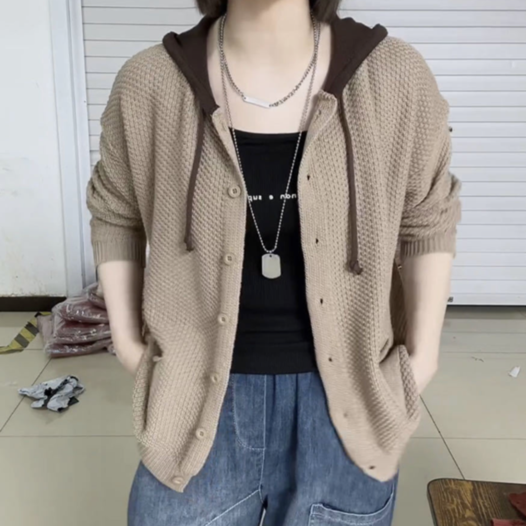 短款連帽針織毛衣開衫外套女2023春秋新款小個子寬鬆休閒減齡上衣