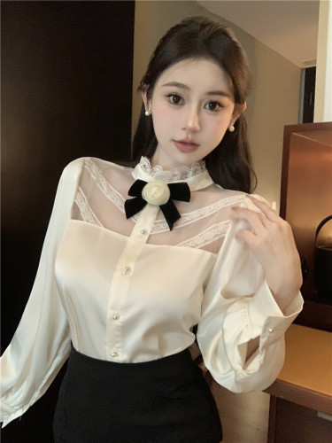 Real shot of autumn and winter chic lace fungus corsage long-sleeved shirt light luxury lady style loose top women's clothing