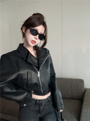 Real shot ~ Hong Kong style pu leather jacket women's new style  small short motorcycle jacket for women