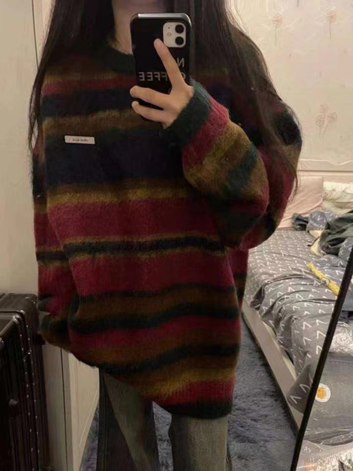 美式復古撞色條紋軟糯毛衣女設計感秋冬2023新款慵懶風寬鬆針織衫
