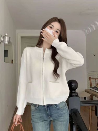 Autumn and winter new Korean style knitted cardigan for women new Korean style slimming solid color double zipper jacket top for women