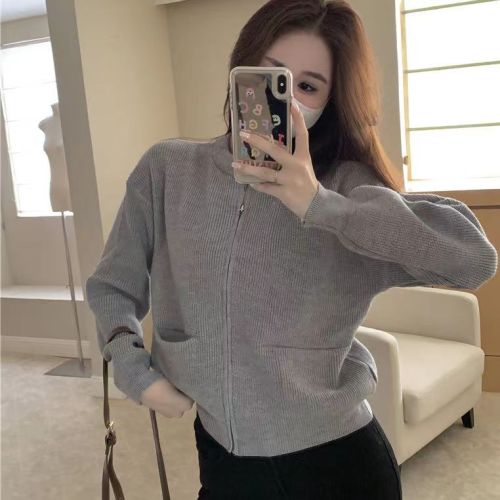 Autumn and winter new Korean style knitted cardigan for women new Korean style slimming solid color double zipper jacket top for women