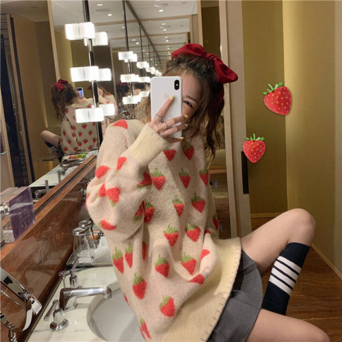 Lazy style round neck strawberry sweater for women  autumn and winter new loose outer wear internet celebrity pullover bottoming knitted top