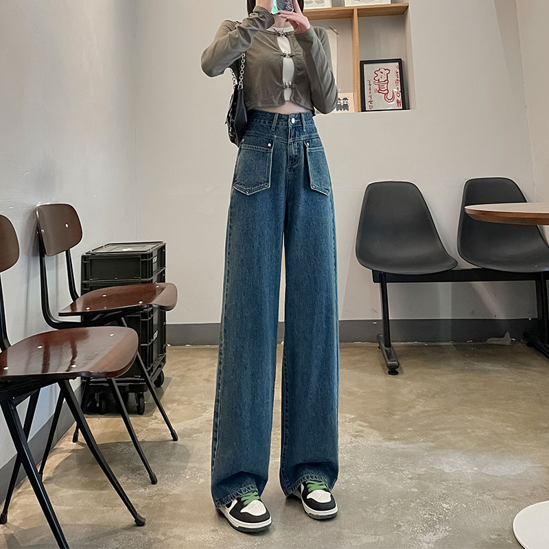 實拍2023秋冬季時尚潮流直筒闊腿寬鬆復古牛仔褲女