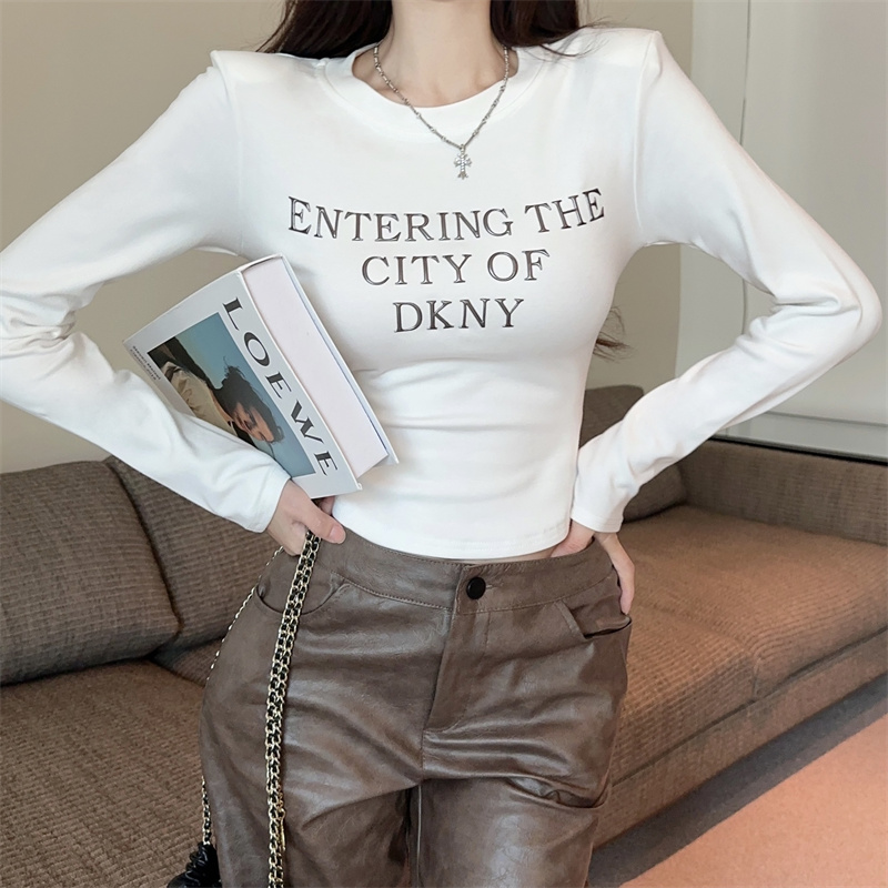 實拍~美工辣妹復古正肩長袖t恤女冬季修身顯瘦加絨打底衫上衣
