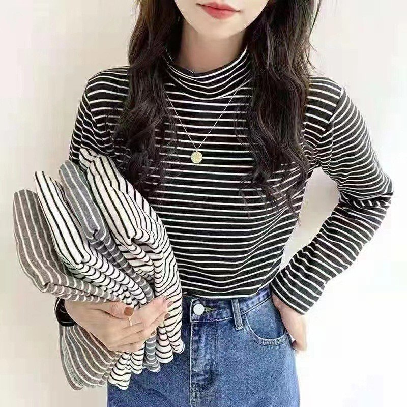 德絨打底衫女寬鬆半高領秋冬加絨潮條紋韓版保暖上衣長袖t恤