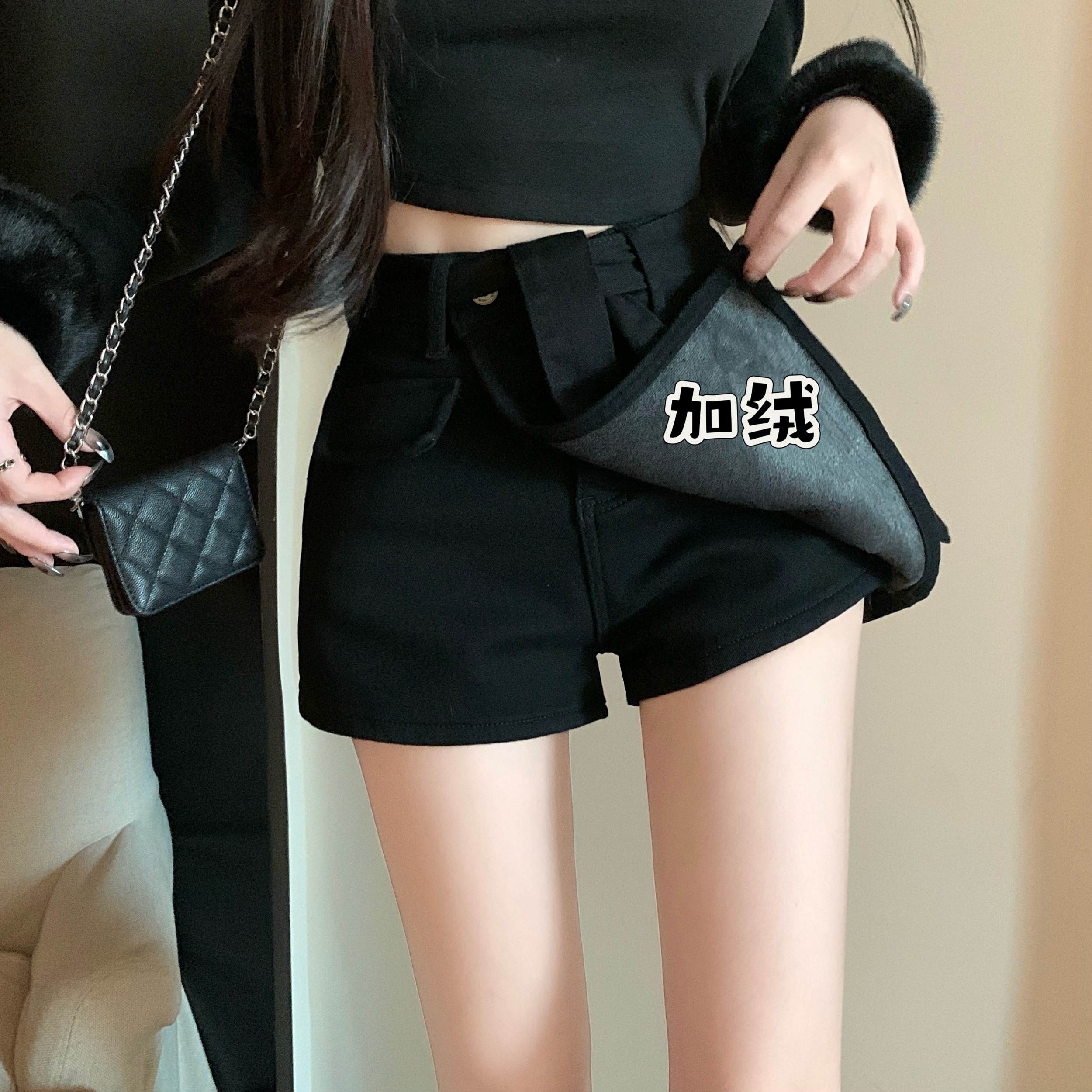 實拍~韓系辣妹復古加絨短褲女冬季高腰顯瘦A字闊腿牛仔褲裙潮