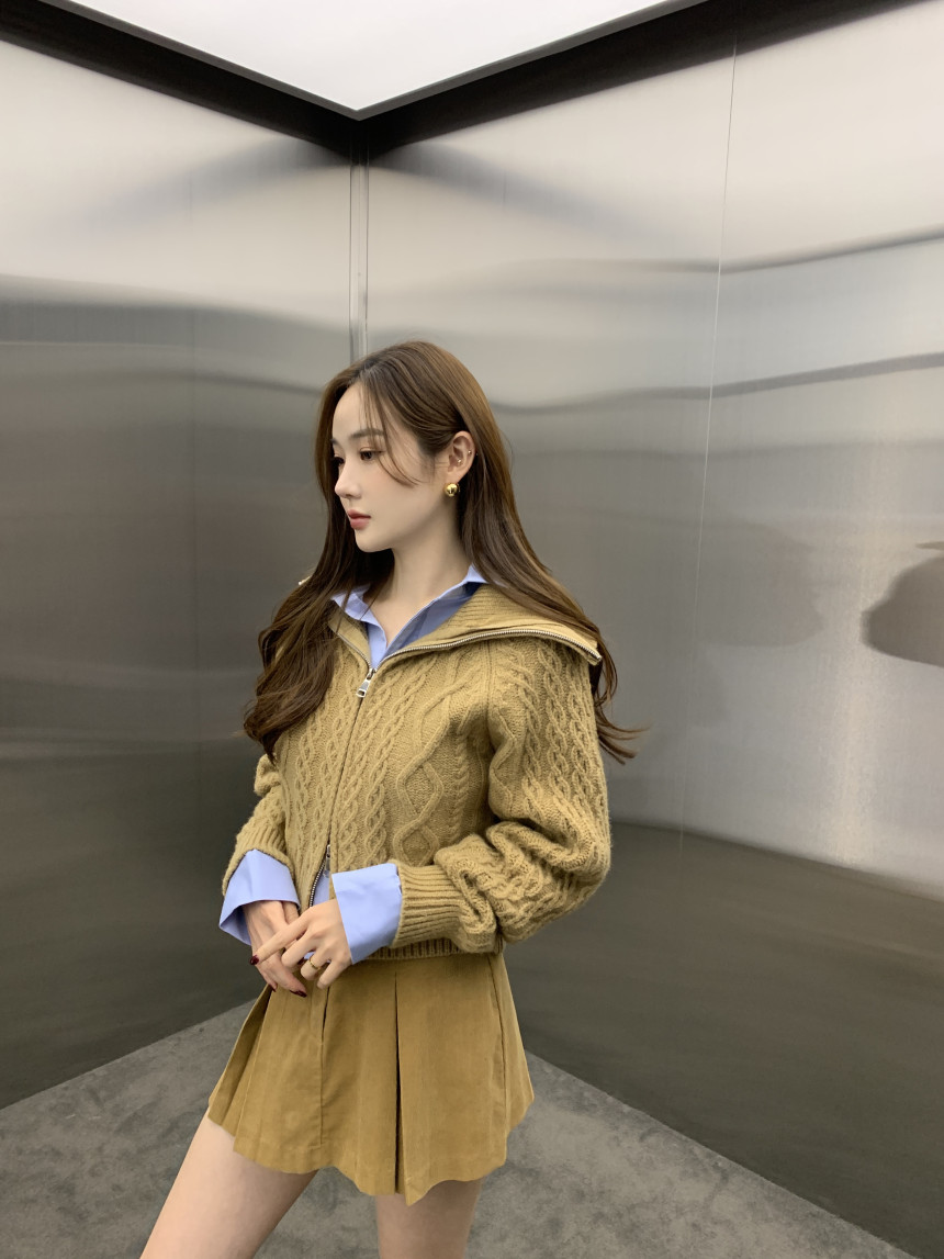 韓國chic秋冬新款法式大翻領麻花毛衣外套女寬鬆休閒短款開衫