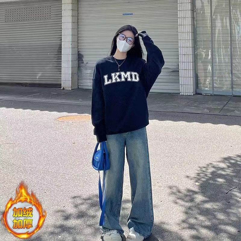美式復古***潮牌字母印花圓領衛衣女冬季加絨加厚寬鬆慵懶風上衣