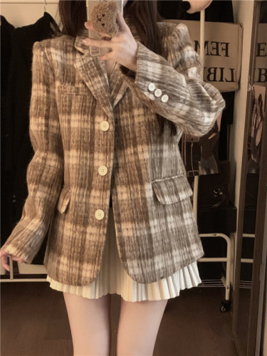 实拍冬季新款韩版复古格纹设计感夹棉毛呢外套