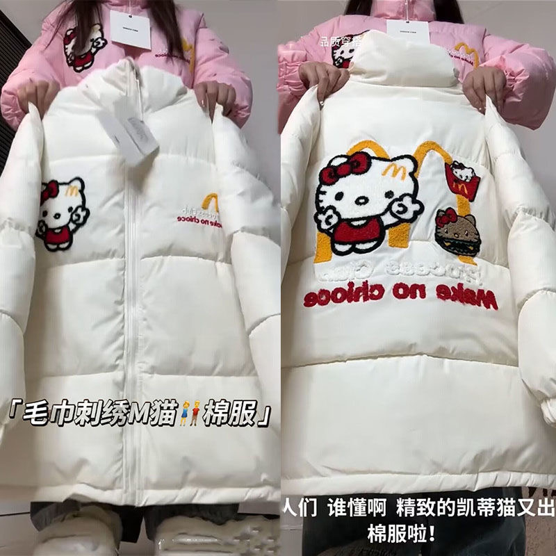 Autumn and winter cotton coat American high street three-dimensional towel embroidered M cat couple cotton coat loose winter