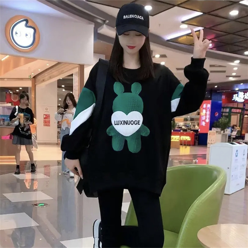 Fabric 260g twill stretch fabric 2023 early spring new round neck pullover sweatshirt women's college style loose