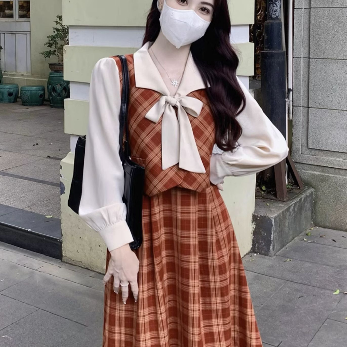 大碼法式復古長袖連衣裙女秋季假兩件格子裙子胖mm遮肚顯瘦A字裙