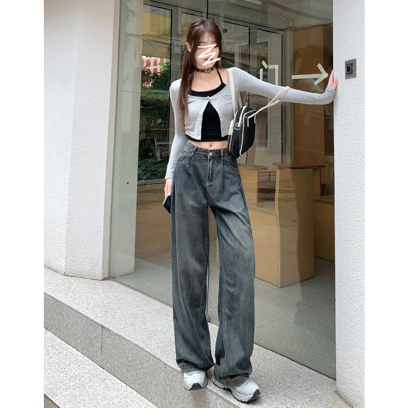 Real shot of 2023 autumn fashion pleated design loose and slim new high-waisted wide-leg floor-length pants