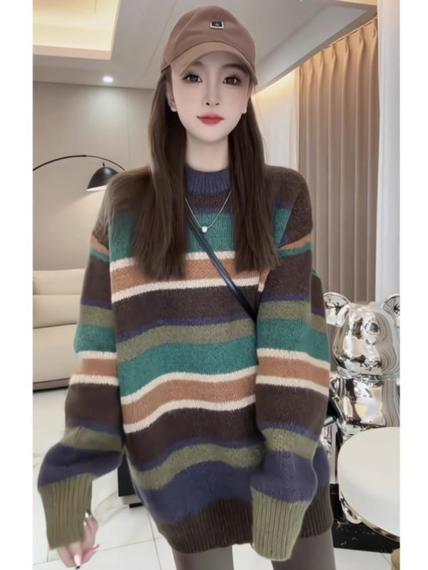 撞色條紋毛衣女秋冬2023新款寬鬆慵懶風中長款針織衫套頭長袖上衣