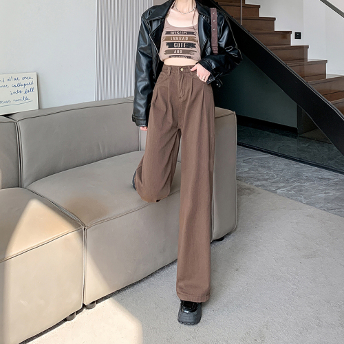 Actual shot ~ pleated retro brown denim wide leg pants women's high waist slim straight pants autumn long pants