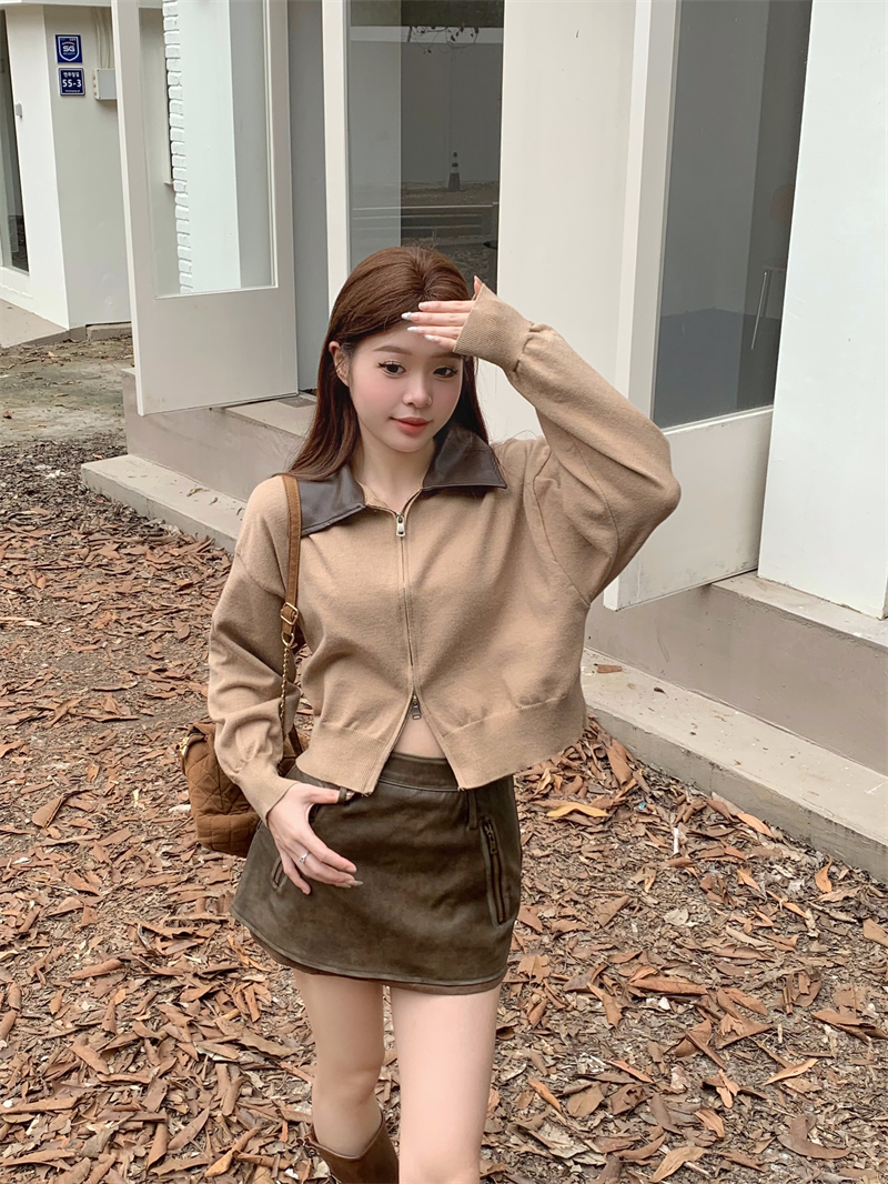 Actual shot of the new autumn and winter POLO collar spliced ​​double zipper lazy style long-sleeved sweater knitted cardigan jacket