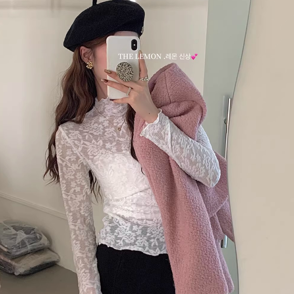 Gentle and sweet style half-high collar lace fungus bottoming shirt for autumn and winter with heavy embroidery and exquisite top for women